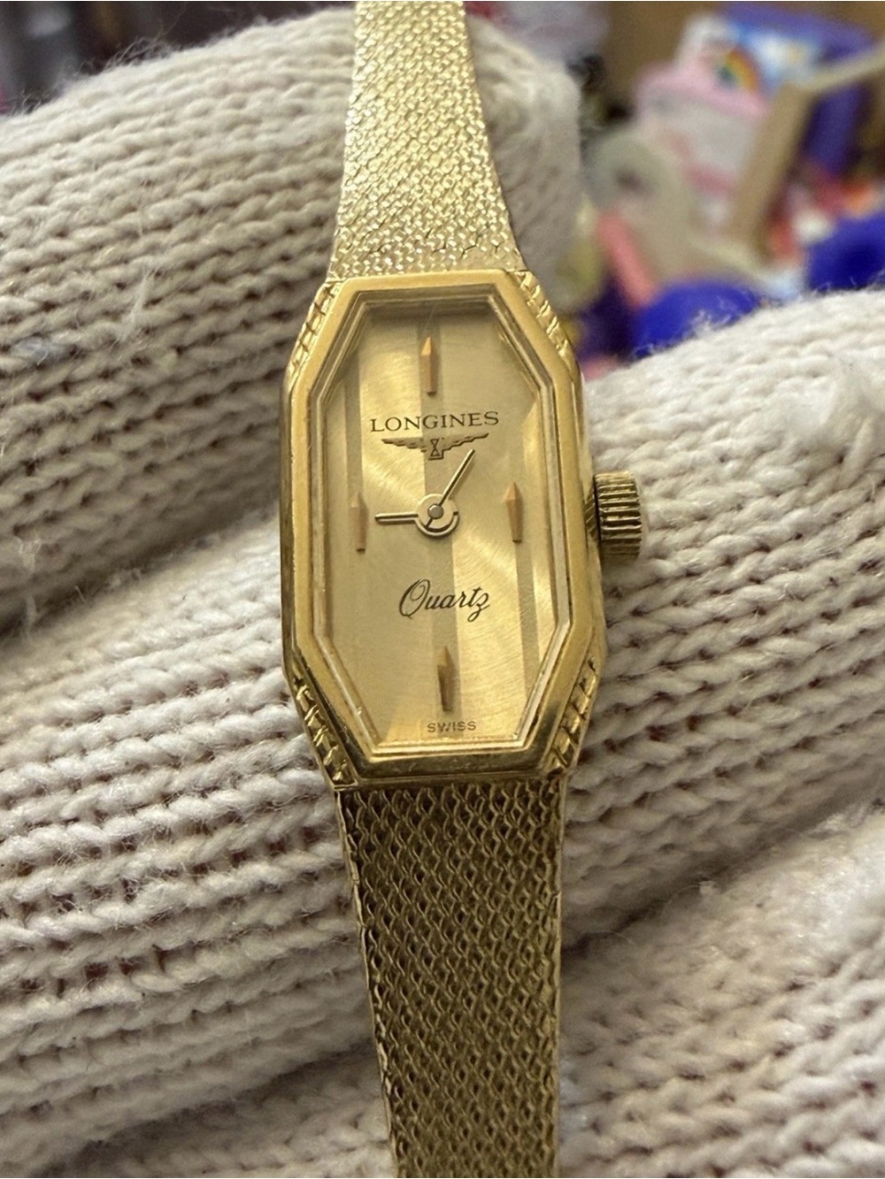 Longines Vintage Womens Watch Hexagonal Gold Tone Mesh Band Quartz Swiss Made